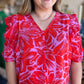 "Unique & Chic" Plus-Size Red & Pink Ruched Sleeve Blouse