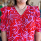 "Unique & Chic" Plus-Size Red & Pink Ruched Sleeve Blouse