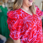 "Unique & Chic" Plus-Size Red & Pink Ruched Sleeve Blouse