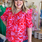 "Unique & Chic" Plus-Size Red & Pink Ruched Sleeve Blouse