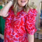 "Unique & Chic" Plus-Size Red & Pink Ruched Sleeve Blouse