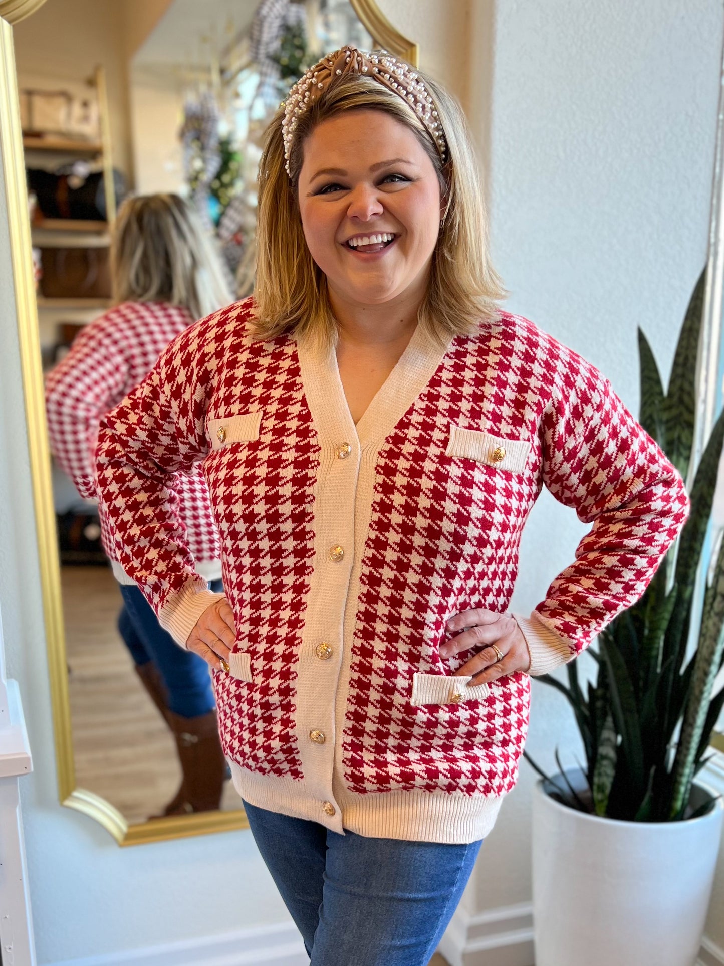 "Welcome to New York" Red & Cream Houndstooth Sweater