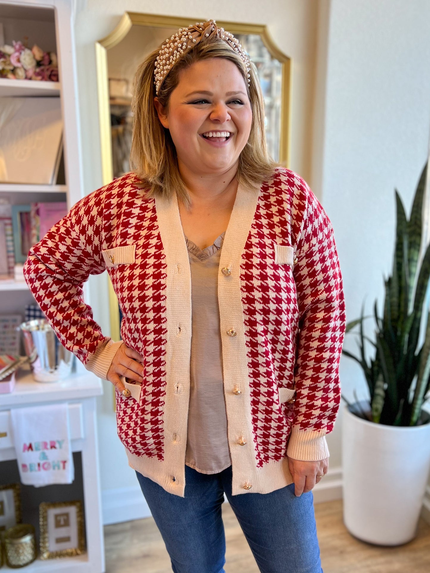 "Welcome to New York" Red & Cream Houndstooth Sweater