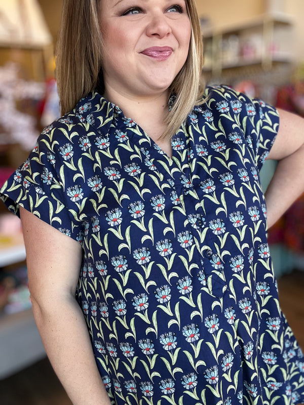 "A Bushel and a Peck" Curvy Navy Drop Waist Dress
