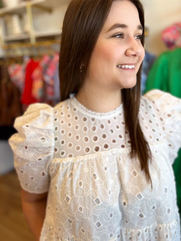 "A Vision in White" Floral Eyelet Puff Sleeve Mini Dress