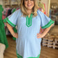"Blue Raspberry & Pistachio" Curvy Chambray Dress with Green Trim