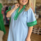 "Blue Raspberry & Pistachio" Curvy Chambray Dress with Green Trim