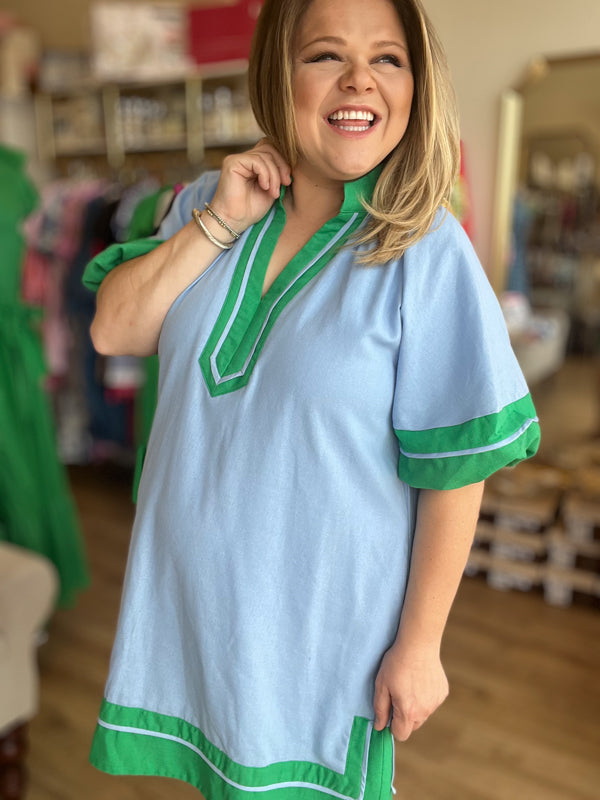 "Blue Raspberry & Pistachio" Curvy Chambray Dress with Green Trim