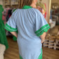 "Blue Raspberry & Pistachio" Curvy Chambray Dress with Green Trim