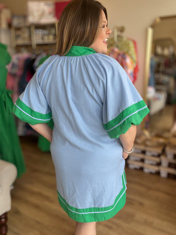 "Blue Raspberry & Pistachio" Curvy Chambray Dress with Green Trim