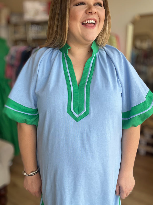 "Blue Raspberry & Pistachio" Curvy Chambray Dress with Green Trim