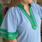 "Blue Raspberry & Pistachio" Curvy Chambray Dress with Green Trim