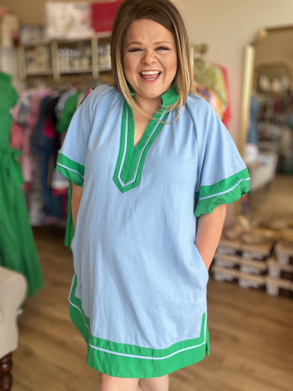 "Blue Raspberry & Pistachio" Curvy Chambray Dress with Green Trim