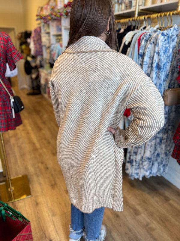 "Business Cozy" Ivory & Tan Plush Striped Cardigan Coat