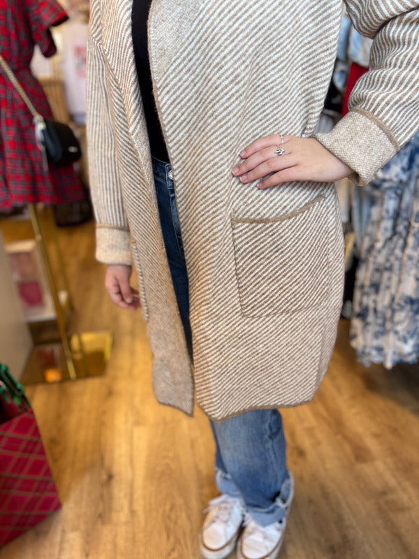 "Business Cozy" Ivory & Tan Plush Striped Cardigan Coat