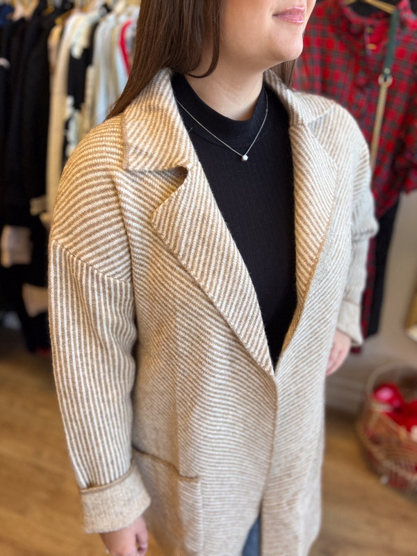 "Business Cozy" Ivory & Tan Plush Striped Cardigan Coat