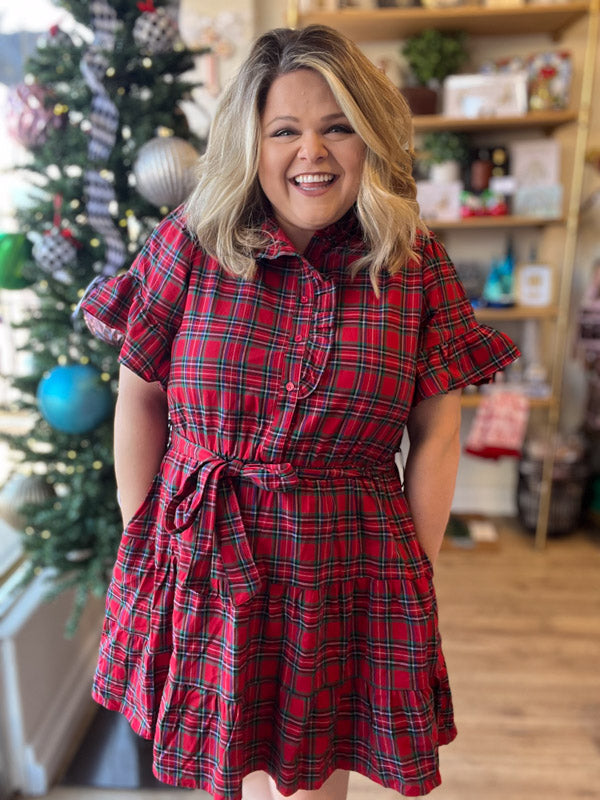 "City Sidewalks" Plus-Size Tartan Ruffle Mini Dress