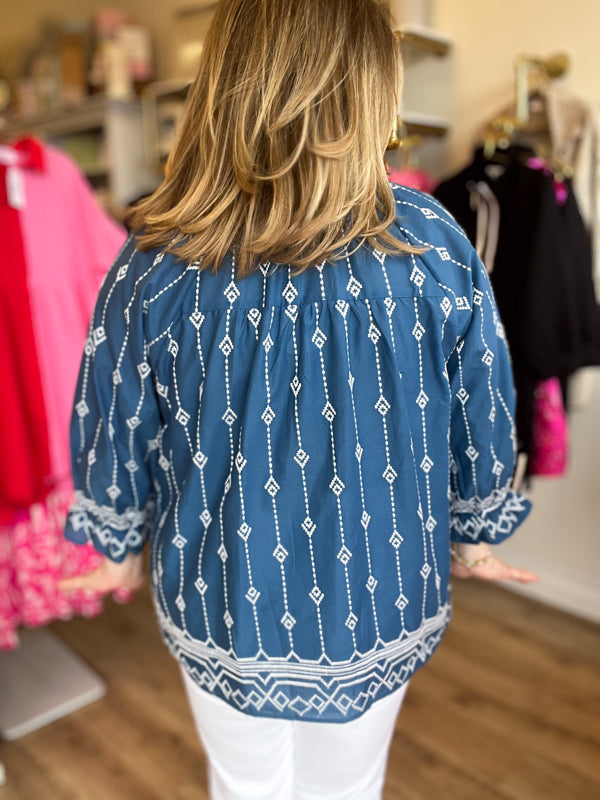 "Embroidered Beauty" Curvy Denim Blue Top