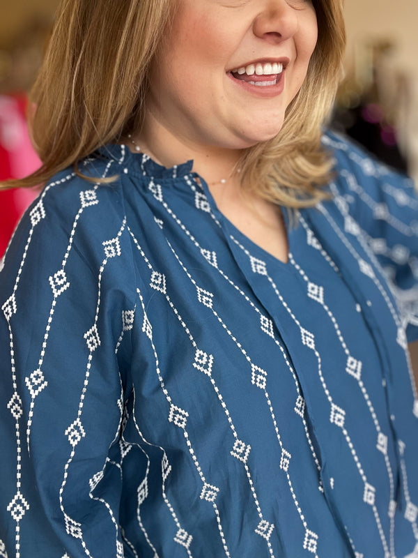 "Embroidered Beauty" Curvy Denim Blue Top