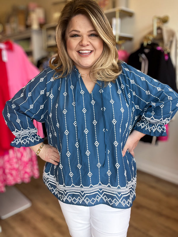 "Embroidered Beauty" Curvy Denim Blue Top