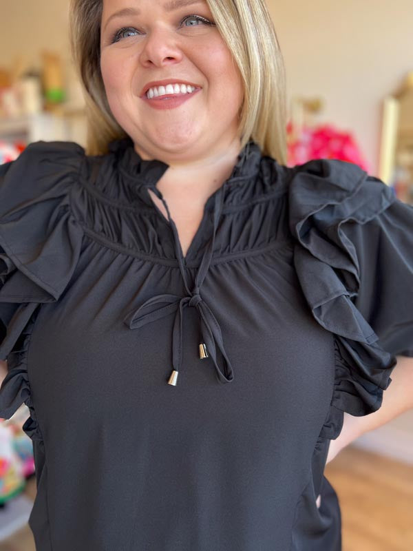 "Falling For You" Black Ruffle Sleeve Top - FINAL SALE