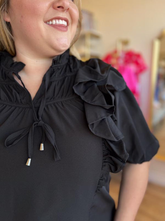 "Falling For You" Black Ruffle Sleeve Top - FINAL SALE