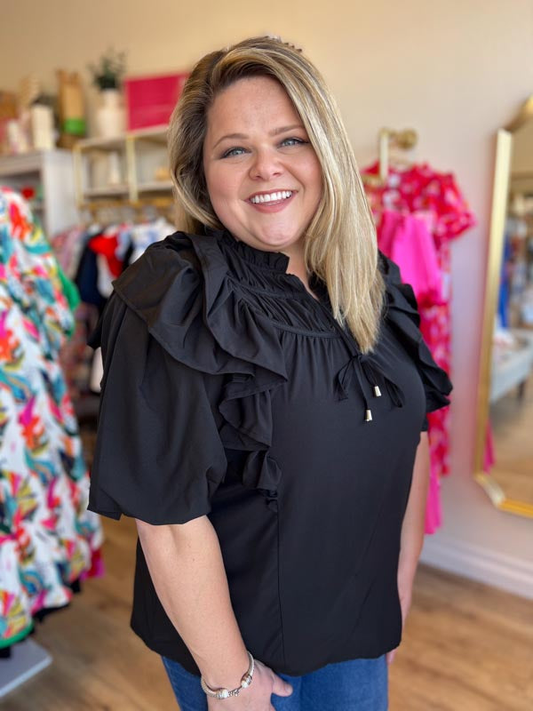 "Falling For You" Black Ruffle Sleeve Top - FINAL SALE