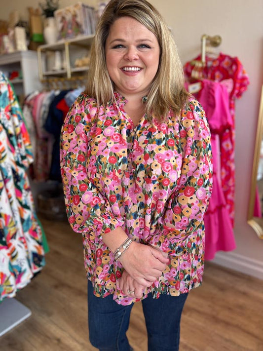 "Frilly Florals" Curvy 3/4 Sleeve Button-Down Top