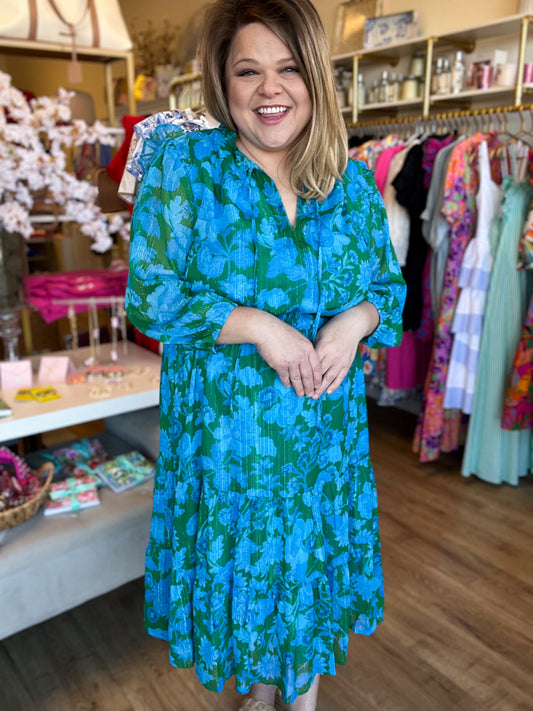 "Gardenia Glamour" Plus-Size Metallic Stitch Midi Dress