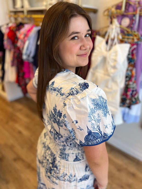 "Gone Grandmillennial' Curvy Blue Toile Landscape Maxi Dress