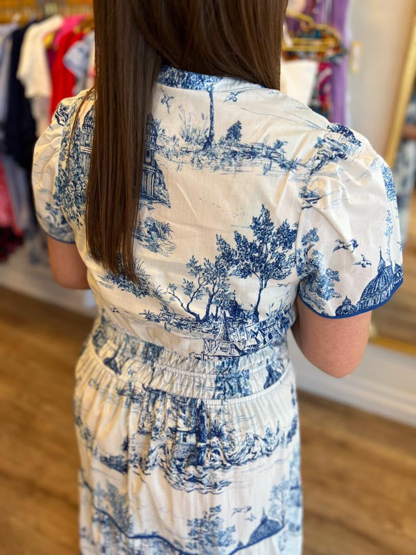 "Gone Grandmillennial' Curvy Blue Toile Landscape Maxi Dress