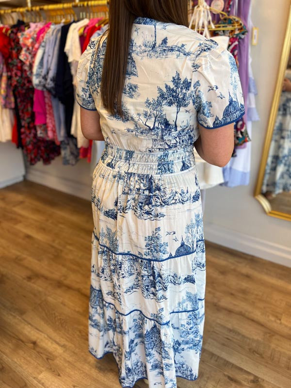 "Gone Grandmillennial' Curvy Blue Toile Landscape Maxi Dress