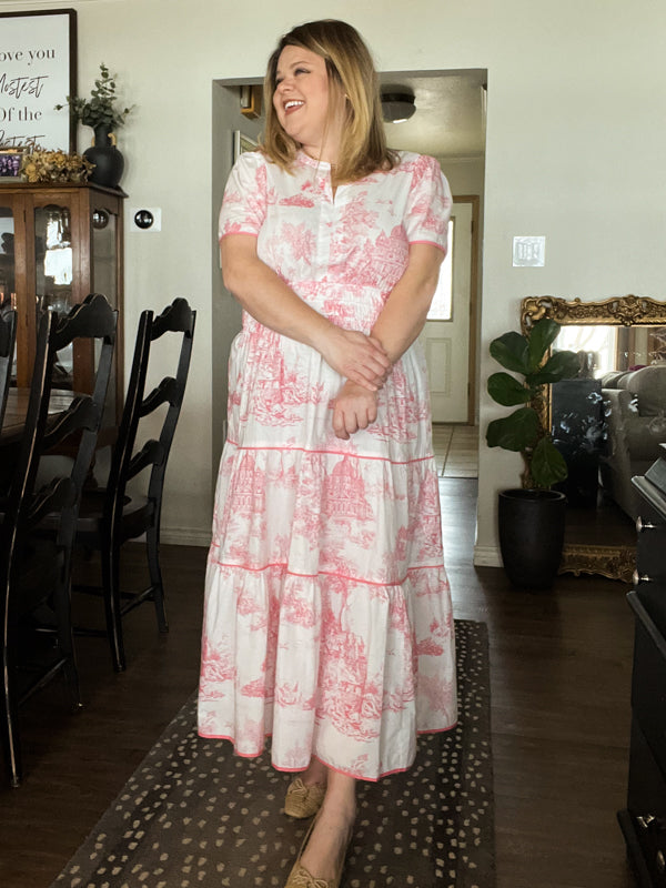 "Gone Grandmillennial' Curvy Coral Toile Landscape Maxi Dress