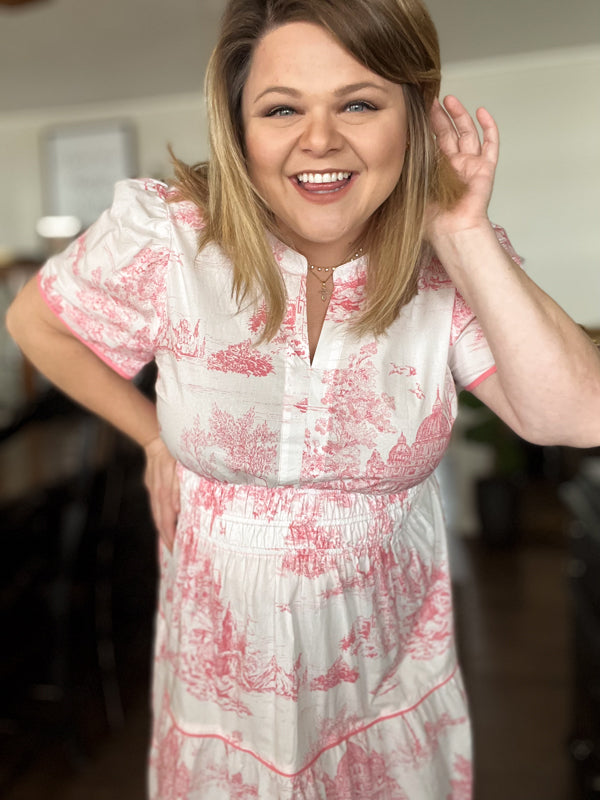 "Gone Grandmillennial' Curvy Coral Toile Landscape Maxi Dress