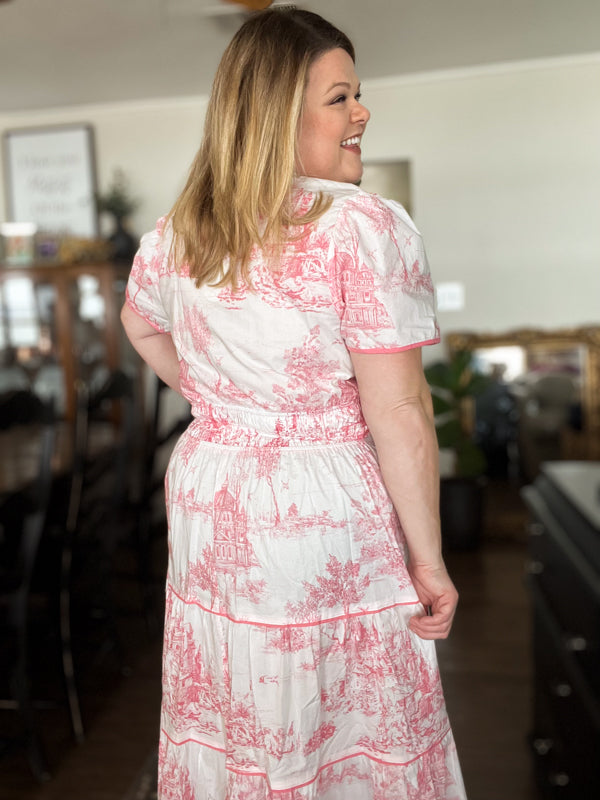 "Gone Grandmillennial' Curvy Coral Toile Landscape Maxi Dress
