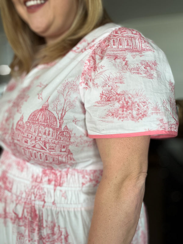 "Gone Grandmillennial' Curvy Coral Toile Landscape Maxi Dress