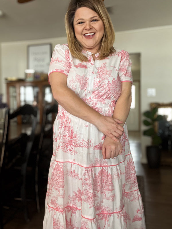 "Gone Grandmillennial' Curvy Coral Toile Landscape Maxi Dress