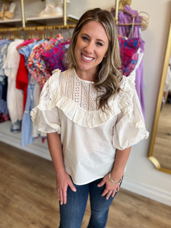 "Graceful Gal" White Eyelet Poplin Top | KARLIE