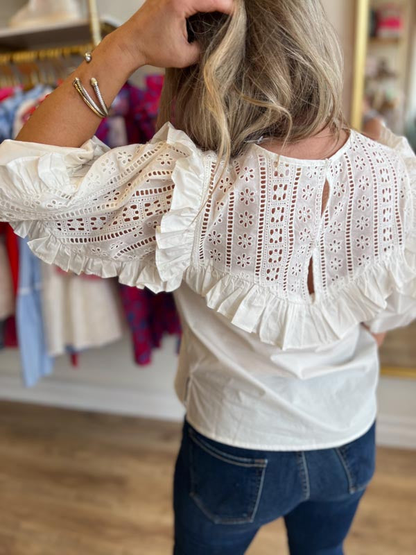 "Graceful Gal" White Eyelet Poplin Top | KARLIE