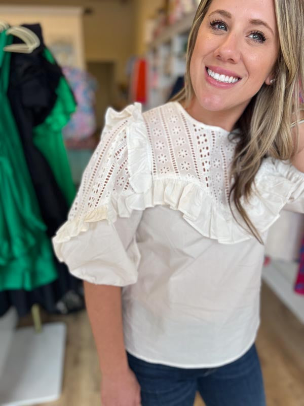 "Graceful Gal" White Eyelet Poplin Top | KARLIE