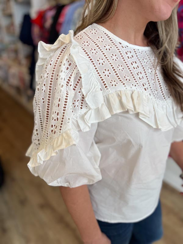 "Graceful Gal" White Eyelet Poplin Top | KARLIE