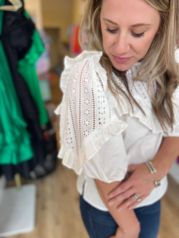 "Graceful Gal" White Eyelet Poplin Top | KARLIE