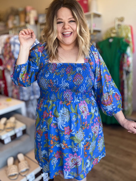 "Heavens to Betsy" Plus-Size Smocked Blue Dress