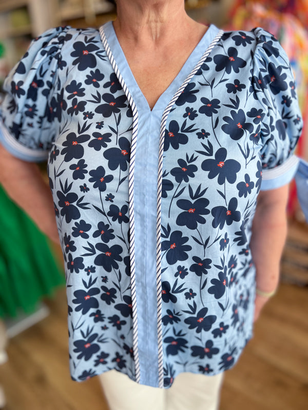 "Joyful Jacqueline" Curvy Two-Tone Floral Tie Sleeve Top