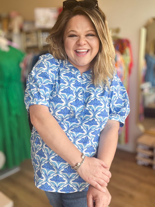 "Lady Liberty" Plus-Size Blue Geometric Top