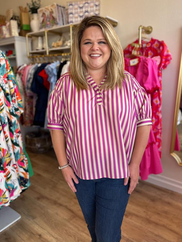 "Mauve + Mod" Striped V-Neck Top - FINAL SALE