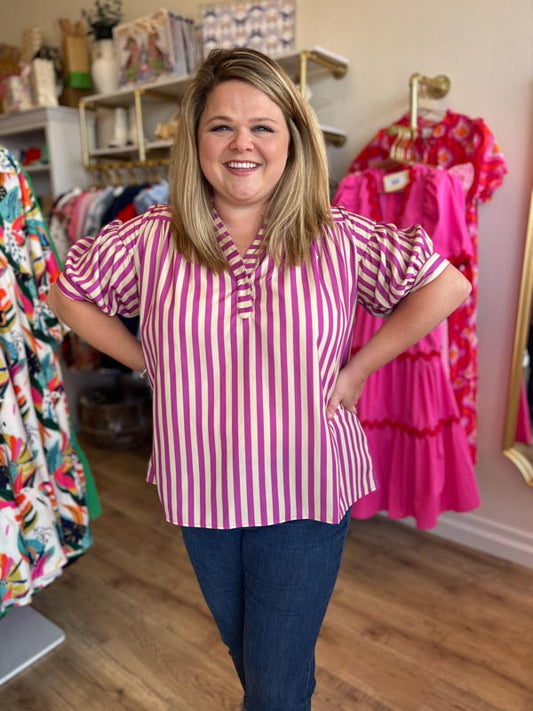 "Mauve + Mod" Striped V-Neck Top - FINAL SALE