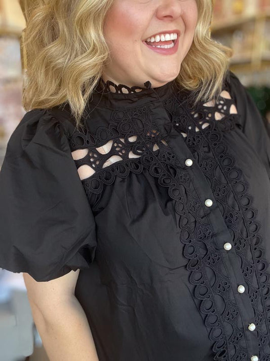 "Girls with Pearls" Curvy Black Lace Blouse