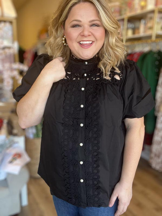 "Girls with Pearls" Curvy Black Lace Blouse