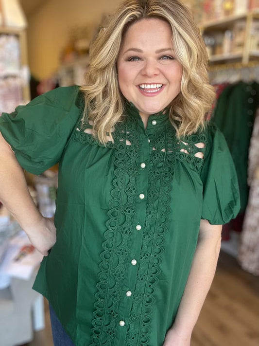"Girls with Pearls" Curvy Green Lace Blouse